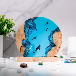 Night light scuba diver,shark lamp resin,lamp epoxy resin ocean,epoxy resin lampBlue ocean lamp, custom resin lamp,Handmade gift, Baby gift