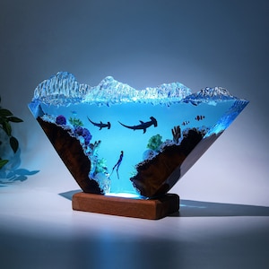 Hammerhead Shark under Deep Ocean Night Lights, Diver exploring Ocean Epoxy lamp Resin Table Lamp, Custom Lamp Personalized Room decor Gifts