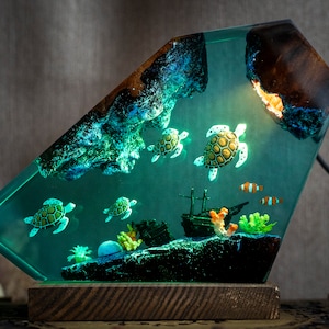 Sea Turtle Resin Ocean Lamp - Unique Epoxy Night Light for bedroom, Summer gift for her, Ocean Epoxy Light with Coral Reef