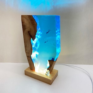 Diver Resin Night Light: Personalized Ocean Scene, Wood Base (Slightly Flawed)
