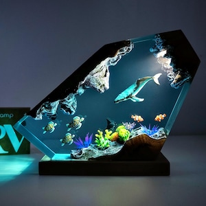 Custom Epoxy Resin Ocean, Humback Whale, turtle, mantaray Night light, Resin Wood lamp, Free Diving, Unique Summer Gift, Home decor, gift