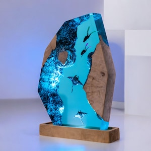 Scuba Diver Resin Wood Lamp Ocean, Custom Resin Night Light, Resin Epoxy Art Lamp, Table Lamp Handmade Gift, Personalized Gift, Gift For Dad