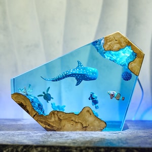 Whale Shark Resin Lamp: Ocean Diorama Night Light, Handmade Wood Art